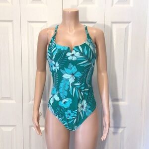 Allure by IMG Womens Green Tropical Floral V-wire One Piece Swimsuit Size 2X